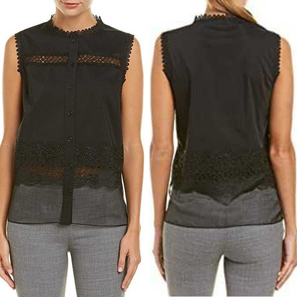 T Tahari | Sleeveless High-neck Cotton-blend Blouse
